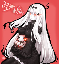 Rule 34 | 10s, 1girl, :&gt;, absurdres, abyssal ship, aircraft carrier water oni, blush, breast rest, breasts, breasts on head, collar, colored skin, commentary request, detached sleeves, dress, enemy aircraft (kancolle), highres, impossible clothes, kantai collection, large breasts, long hair, looking at viewer, notchi, ribbed dress, sailor collar, sailor dress, short dress, solo, thighhighs, translation request, white hair, white skin, zettai ryouiki