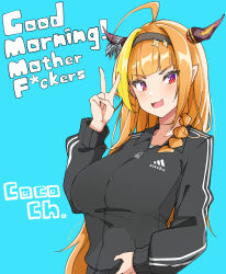 Rule 34 | 1girl, adidas, ahoge, alternate costume, black hairband, black jacket, blonde hair, blue background, blunt bangs, bow, braid, brand name imitation, censored, censored text, character name, collarbone, commentary request, diagonal-striped bow, dragon girl, dragon horns, english text, fang, hairband, hand up, haseneko, highres, hololive, horn bow, horn ornament, horns, jacket, kiryu coco, light blush, long hair, long sleeves, looking at viewer, multicolored eyes, multicolored hair, open mouth, orange hair, pointy ears, profanity, purple eyes, red eyes, side braid, sidelocks, simple background, single braid, skin fang, slit pupils, solo, streaked hair, striped, striped bow, text background, track jacket, upper body, v, very long hair, virtual youtuber