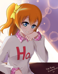 Rule 34 | 1girl, absurdres, artist name, artist request, blue eyes, blush, bow, breasts, cardigan, checkered clothes, checkered shirt, collared shirt, female focus, hair between eyes, highres, kosaka honoka, looking at viewer, love live!, love live! school idol festival, love live! school idol project, neo capsaicin, orange hair, parted lips, pink cardigan, pink shirt, shirt, side ponytail, small breasts, smile, solo, white shirt, yellow bow