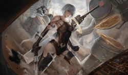 Rule 34 | 1girl, absurdres, android, arm strap, armlet, bare shoulders, black gloves, black thighhighs, breasts, closed mouth, commentary, dated, detached sleeves, elbow gloves, english commentary, gloves, grey eyes, hair between eyes, highres, holding, holding sword, holding weapon, joints, katana, looking at viewer, machine (nier), medium breasts, meister staze, micro shorts, mole, mole under mouth, nier (series), nier:automata, pod (nier:automata), robot joints, short hair, shorts, signature, silver hair, solo, sword, thighhighs, type-4o blade, virtuous contract, weapon, a2 (nier:automata)