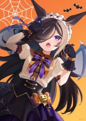 1girl absurdres animal_ears bat_(animal) bat_wings black_bow black_bowtie black_gloves black_skirt bow bowtie brown_hair center_frills commentary_request fangs frilled_hairband frills gloves hair_over_one_eye hair_ribbon hairband halloween_costume highres horse_ears horse_girl jack-o&#039;-lantern_ornament lace lace-trimmed_gloves lace_trim layered_skirt orange_background orange_bow puffy_short_sleeves puffy_sleeves purple_bow purple_bowtie purple_eyes purple_hairband purple_ribbon purple_skirt red_brooch ribbon rice_shower_(make_up_vampire!)_(umamusume) rice_shower_(umamusume) shirt short_sleeves silk skirt solo spider_web spider_web_print striped_bow striped_bowtie striped_clothes toketa_neko twitter_username umamusume white_shirt wings