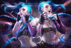 Rule 34 | 1boy, 1girl, artist name, asymmetrical gloves, bare shoulders, blue eyes, braid, breasts, cartridge, cowboy shot, dual persona, elbow gloves, fingerless gloves, genderswap, genderswap (ftm), gloves, hands on own cheeks, hands on own face, jewelry, jinx (league of legends), league of legends, looking at viewer, midriff, nail polish, navel, necklace, nipples, open mouth, red eyes, sakimichan, single braid, small breasts, tattoo, twin braids, uneven gloves, watermark, web address