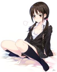 Rule 34 | 1girl, amagai tarou, arm at side, arm support, artist name, bed sheet, between legs, black panties, black skirt, blue socks, blush, breasts, brown eyes, brown hair, brown neckwear, buttons, cardigan, cleavage, closed mouth, clothes tug, collarbone, dress shirt, embarrassed, fingernails, full body, hair ornament, hair over shoulder, hair scrunchie, hand between legs, highres, kneehighs, knees up, long fingernails, long sleeves, looking to the side, low twintails, medium breasts, miniskirt, necktie, no bra, on bed, open clothes, open shirt, original, panties, pantyshot, partially unbuttoned, pleated skirt, puff of air, school uniform, scrunchie, shirt, sidelocks, sigh, signature, sitting, skirt, sleeves past wrists, small breasts, socks, solo, spread legs, striped neckwear, sweat, sweatdrop, sweater, sweater tug, twintails, unbuttoned, unbuttoned shirt, underwear, undone necktie, white background, white shirt