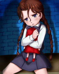 Rule 34 | 1girl, anita (vampire), braid, brick wall, brown hair, capcom, child, doll, dress, e10, head tilt, long hair, long sleeves, hugging object, open mouth, parted lips, purple eyes, scared, shade, shadow, sitting, solo, solo focus, twin braids, vampire (game)