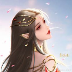 Rule 34 | 1girl, absurdres, back, brown hair, cai lin (doupo cangqiong), doupo cangqiong, dress, facial mark, forehead mark, hair ornament, highres, long hair, looking back, mei du sha nuwang zhuye, petals, pointy ears, red dress, red eyes, red lips, solo, upper body