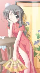 Rule 34 | 1girl, arm support, black eyes, black hair, bun cover, head rest, china dress, chinese clothes, dress, hand fan, flower, folding fan, folding screen, indoors, leaning, mouth hold, smile, solo, table, towel, wink