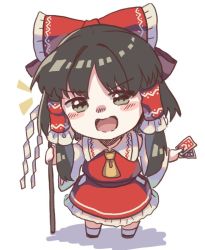 Rule 34 | 1girl, angry, ascot, black hair, bow, collar, collared shirt, detached sleeves, frilled bow, frills, gohei, hair bow, hair tubes, hakurei reimu, japanese clothes, large bow, long sleeves, looking at viewer, matsukuzu, medium hair, miko, nontraditional miko, ofuda, open mouth, red bow, red shirt, red skirt, shirt, sidelocks, simple background, skirt, sleeveless, solo, touhou, white background, white collar, wide sleeves, yellow ascot