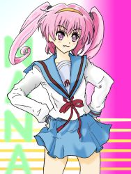 Rule 34 | cosplay, fang, hairband, nana asta deviluke, pink eyes, pink hair, school uniform, suzumiya haruhi (cosplay), suzumiya haruhi no yuuutsu, to love-ru