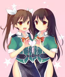 Rule 34 | 10s, 2girls, :d, brown eyes, brown hair, chikuma (kancolle), hair between eyes, hair ribbon, heart, heart hands, heart hands duo, highres, kantai collection, long hair, multiple girls, open mouth, pelvic curtain, pink background, remodel (kantai collection), ribbon, side slit, smile, star (symbol), swami, tone (kancolle), twintails