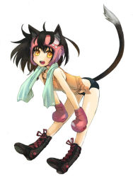 Rule 34 | 1girl, ahoge, animal ears, bent over, black hair, boots, boxing gloves, buruma, cat ears, cat tail, cross-laced footwear, fuwayu, hands on own knees, inutose, lace-up boots, leaning forward, open mouth, original, simple background, solo, tail, towel, towel around neck, yellow eyes