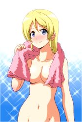 Rule 34 | 10s, 1girl, alternate hairstyle, ayase eli, blonde hair, blue eyes, blush, breasts, completely nude, convenient censoring, hair down, large breasts, long hair, love live!, love live! school idol project, navel, nude, out-of-frame censoring, ponzu rui, smile, solo, towel, towel around neck, towel over breasts