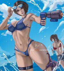Rule 34 | 2girls, aircraft, bikini, breasts, brown hair, claire redfield, cloud, helicopter, highres, jill valentine, large breasts, long hair, multiple girls, ocean, octopus, ponytail, resident evil, short hair, swimsuit, water, water gun, wei (promise 0820), wide hips