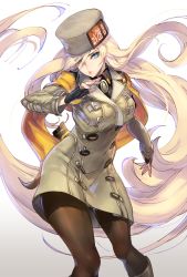 Rule 34 | 1girl, absurdres, black gloves, blonde hair, blue eyes, breasts, coat, commentary request, fingerless gloves, fingernails, fur, fur hat, gloves, gradient background, guilty gear, guilty gear strive, hair between eyes, hat, highres, kin mokusei, lips, long hair, long sleeves, looking at viewer, medium breasts, millia rage, pantyhose, parted lips, shiny clothes, shiny skin, simple background, solo, ushanka
