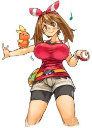 Rule 34 | 1girl, bike shorts, blue eyes, blush, breasts, brown hair, creatures (company), game freak, gen 3 pokemon, large breasts, looking at viewer, may (pokemon), may (pokemon oras), musical note, nintendo, poke ball, poke ball (basic), pokemon, pokemon (creature), pokemon oras, pouch, sachito, shorts, simple background, smile, tank top, torchic, white background