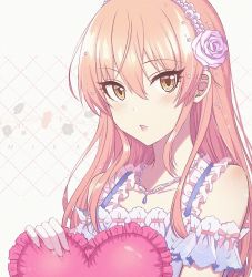 Rule 34 | 1girl, alternate hairstyle, blush, brown eyes, brown hair, character name, collarbone, gloves, haikimono shounen, hairband, heart, heart-shaped pillow, holding, holding pillow, idolmaster, idolmaster cinderella girls, jewelry, jougasaki mika, long hair, looking at viewer, necklace, parted lips, pillow, solo, upper body, white gloves