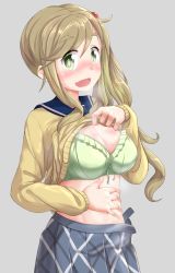 Rule 34 | 1girl, blonde hair, blush, bra, breasts, cleavage, clothes lift, commentary request, fang, green bra, green eyes, hand on own stomach, highres, inuyama aoi, large breasts, looking at viewer, open mouth, sailor collar, school uniform, serafuku, shirt lift, side ponytail, sidelocks, skirt, sweat, underwear, upper body, yurucamp, yuukin