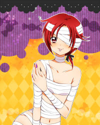 Rule 34 | 10s, 1girl, :p, bandages, blush, candy, costume, halloween, hino akane (smile precure!), kagami chihiro, mummy, nail polish, navel, ponytail, precure, red eyes, red hair, smile precure!, solo, tongue, tongue out