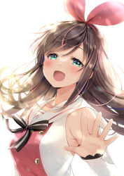 Rule 34 | 1girl, :d, backlighting, black bow, bow, breasts, brown hair, commentary request, detached sleeves, green eyes, hair ribbon, hand up, highres, kizuna ai, kizuna ai inc., long sleeves, looking at viewer, multicolored hair, natsume eri, open mouth, pink hair, pink ribbon, ribbon, shirt, simple background, sleeveless, sleeveless shirt, small breasts, smile, solo, streaked hair, striped, striped bow, upper body, virtual youtuber, white background, white shirt, white sleeves