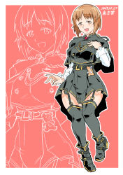 Rule 34 | 1girl, :d, absurdres, alternate costume, ankle boots, artist name, belt, black belt, black dress, black footwear, black thighhighs, boko (girls und panzer), boots, bright pupils, brown eyes, brown hair, commentary, dated, dress, dress shirt, epaulettes, frilled sleeves, frills, full body, garter straps, girls und panzer, hand on own chest, highres, long sleeves, looking at viewer, nishizumi miho, o-ring, open mouth, outline, pleated dress, shinkuukan (tetsuo3), shirt, short dress, short hair, single horizontal stripe, smile, solo, standing, stuffed animal, stuffed toy, teddy bear, thighhighs, white pupils, white shirt, zoom layer