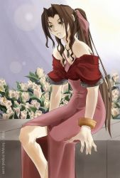 Rule 34 | 1990s (style), 1girl, aerith gainsborough, bow, cropped jacket, dress, final fantasy, final fantasy vii, flower, jacket, long hair, pink bow, pink dress, retro artstyle, sitting, solo, very long hair