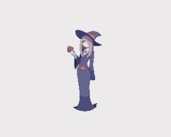 Rule 34 | 1girl, animated, animated gif, blue hat, hair over one eye, hat, little witch academia, long hair, long sleeves, mushroom, saino misaki, school uniform, solo, standing, sucy manbavaran, tomato, witch, witch hat