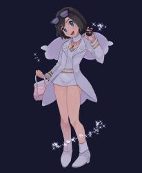 Rule 34 | 1boy, :d, bag, black hair, calem (pokemon), coat, commentary request, cosplay, creatures (company), diantha (pokemon), diantha (pokemon) (cosplay), full body, game freak, grey eyes, hand up, handbag, head tilt, highres, holding, holding poke ball, jewelry, knees, luxury ball, male focus, necklace, nintendo, open clothes, open coat, open mouth, pink bag, poke ball, pokemon, pokemon xy, sana (37pisana), shoes, short hair, smile, solo, sparkle, standing, teeth, tongue, upper teeth only