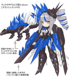 1girl arm_mounted_weapon blue_bow blue_bowtie blue_hair blue_skirt bow bowtie breasts bright_pupils brown_eyes deformed desktop_army diamond-shaped_pupils diamond_(shape) dinosaur drill_hair expressionless grey_hair highres light_blush long_hair medium_breasts multicolored_hair multiple_views robot_girl sidelocks simple_background skirt sleeveless stegosaurus streaked_hair symbol-shaped_pupils white_background white_pupils yoyoyoyoyo_(turuse)