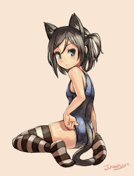 Rule 34 | 10s, 1girl, adjusting clothes, adjusting swimsuit, animal ears, artist name, ass, beige background, black hair, black thighhighs, blue eyes, blue one-piece swimsuit, blush, breasts, brown hair, cat ears, cat girl, cat tail, fake animal ears, fake tail, from side, full body, hair ornament, hair tie, hairband, hairclip, hentai ouji to warawanai neko., highres, junkpuyo, legs, leotard, looking at viewer, looking back, no shoes, one-piece swimsuit, parted bangs, parted lips, school swimsuit, short hair, signature, simple background, sitting, skindentation, small breasts, solo, striped clothes, striped thighhighs, swept bangs, swimsuit, tail, thighhighs, thighs, tsutsukakushi tsukiko, wariza, white thighhighs