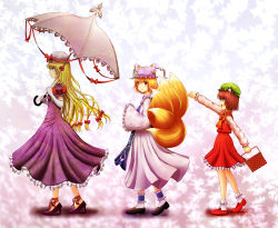 Rule 34 | 3girls, animal ears, animal hat, ankle cuffs, ankle ribbon, ankle socks, blonde hair, bow, cat ears, chen, dress, earrings, elbow gloves, fox tail, gin fuaru, gloves, gradient background, hair bow, hands in opposite sleeves, hat, hat ribbon, hat with ears, high heels, highres, jewelry, leg ribbon, long hair, long sleeves, looking at viewer, mob cap, multiple girls, multiple tails, no tail, outstretched arm, picnic basket, mob cap, profile, ribbon, shadow, shoes, short hair, single earring, skirt, skirt set, smile, socks, tail, touhou, umbrella, walking, yakumo ran, yakumo yukari, yellow eyes