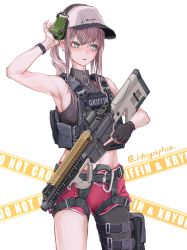Rule 34 | 1girl, absurdres, ar-57, ar-57 (girls&#039; frontline), armpits, assault rifle, bare shoulders, baseball cap, black shirt, blue eyes, breasts, carbine, commentary, cowboy shot, crop top, dolphin shorts, ear piercing, ear protection, fingerless gloves, fn 5.7x28mm, girls&#039; frontline, gloves, griffin &amp; kryuger, grifon &amp; kryuger, gun, hair between eyes, hat, highres, holding, holding weapon, horizontal magazine, lithographica, long hair, midriff, pdw cartridge, personal defense weapon, piercing, pink hair, pistol-caliber carbine, ponytail, rifle, see-through, shirt, shorts, sideboob, single glove, single leg pantyhose, sleeveless, sleeveless shirt, solo, submachine gun, tactical clothes, tank top, translucent, trigger discipline, twitter username, watch, weapon, white background, wristwatch