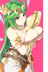 Rule 34 | 1girl, armlet, belt, breast conscious, breast hold, breasts, bursting breasts, cleavage, clip studio paint (medium), commentary, commentary request, dress, forehead jewel, green eyes, green hair, highres, jewelry, kid icarus, kid icarus uprising, large breasts, long hair, looking at viewer, multiple belts, neck ring, nervous smile, nintendo, palutena, parted bangs, pink background, side slit, simple background, smile, solo, strapless, strapless dress, sweat, swept bangs, tiara, tomas (kaosu22), two-tone background, vambraces, very long hair, white background, white dress