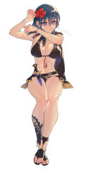 Rule 34 | 1girl, bare shoulders, belt, bikini, black belt, black bikini, black cape, black footwear, blue eyes, blue hair, breasts, byleth (female) (fire emblem), byleth (female) (summer) (fire emblem), byleth (fire emblem), cape, cleavage, commentary request, dagger, feet, fire emblem, fire emblem: three houses, fire emblem heroes, flower, full body, groin, hair between eyes, hair flower, hair ornament, hands up, highres, invisible chair, knife, large breasts, long hair, looking to the side, mano (m1n0f2e1), midriff, navel, nintendo, official alternate costume, parted lips, ribbon, sandals, sheath, sheathed, sidelocks, simple background, sitting, solo, swimsuit, toes, twitter username, weapon, white background, wrist ribbon