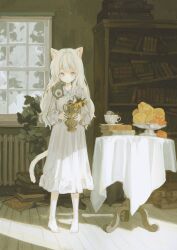 Rule 34 | 1girl, animal ear fluff, animal ears, barefoot, blue eyes, book, book stack, bookshelf, broken window, buttons, cat ears, cat girl, cat tail, closed mouth, commentary request, creature, creature on shoulder, cup, dilapidated, dress, expressionless, food, fruit, highres, holding, holding vase, indoors, long hair, long sleeves, looking at viewer, on shoulder, original, plant, popepopo999, radiator, round table, saucer, solo, suitcase, table, tail, teacup, vase, vines, white dress, white hair, wilted flower, window, wooden floor