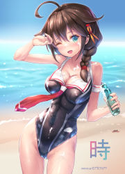 Rule 34 | 1girl, adapted costume, beach, black hair, black one-piece swimsuit, blue eyes, bottle, braid, breasts, cleavage, cloud, commentary request, competition swimsuit, crab, dated, day, food on body, hair flaps, hair ornament, hair over shoulder, hair ribbon, hairclip, highres, holding, holding bottle, kantai collection, medium breasts, ocean, one-piece swimsuit, open mouth, outdoors, ramune, red neckwear, remodel (kantai collection), ribbon, sand, shigure (kancolle), single braid, sky, smile, swimsuit, water, wet, zerono hazumi