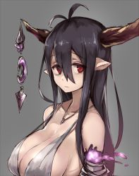 Rule 34 | 10s, 1girl, antenna hair, bad id, bad pixiv id, bandaged arm, bandages, bare shoulders, breasts, cleavage, collarbone, crescent, danua, draph, dress, eyes visible through hair, female focus, granblue fantasy, grey background, hair between eyes, horn ornament, horns, jewelry, kyouki, large breasts, long hair, looking away, looking to the side, necklace, no bra, pointy ears, purple hair, red eyes, ribs, sideboob, simple background, solo, strap gap, tareme, upper body, white dress