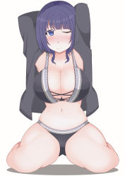 Rule 34 | 1girl, ;), arm over head, arms up, artist name, artist request, asaka karin, bare legs, bare shoulders, bikini, black bikini, black jacket, blue eyes, blue hair, blush, breasts, cleavage, cross-laced bikini, cross-laced bikini top, cross-laced clothes, dark blue hair, female focus, hair over shoulder, hands over head, hands up, highres, jacket, large breasts, looking at viewer, love live!, love live! nijigasaki high school idol club, love live! school idol festival, mole, mole on body, mole on breast, one eye closed, parted lips, short hair, smile, solo, swimsuit, white background