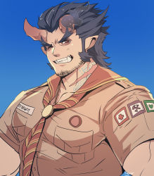 Rule 34 | 1boy, alternate costume, bara, beard, black hair, demon boy, facial hair, fang, fiery horns, highres, horns, jewelry, large pectorals, long sideburns, looking at viewer, male focus, muscular, necklace, one eye closed, pectorals, rybiok, scar, short sleeves, sideburns, simple background, smile, solo, stubble, takemaru (housamo), teeth, tokyo houkago summoners, upper body