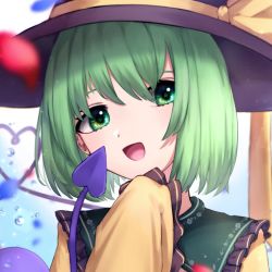 Rule 34 | 1girl, black hat, blouse, blue background, bow, collar, frills, gradient background, green eyes, green hair, hair between eyes, hands up, hat, hat bow, highres, jewelry, komeiji koishi, long sleeves, looking at viewer, mozuno (mozya 7), open mouth, petals, shirt, short hair, smile, solo, third eye, touhou, upper body, water, white background, yellow bow, yellow shirt, yellow sleeves