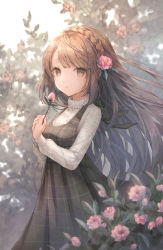 Rule 34 | 1girl, aran sweater, black dress, blurry, blurry background, blurry foreground, braid, breasts, brown eyes, brown hair, cable knit, commentary request, crown braid, depth of field, dress, flower, grey sweater, hair flower, hair ornament, highres, holding, holding flower, long hair, long sleeves, niwako, original, own hands together, pink flower, pleated dress, sleeveless, sleeveless dress, sleeves past wrists, small breasts, solo, sweater, turtleneck, turtleneck sweater, very long hair, white background