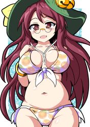 1girl :3 animal_ears bangle beach belly_grab bikini border bracelet breasts brown_eyes brown_hair commentary_request covered_erect_nipples fingernails front-tie_bikini_top front-tie_top fruit_print futatsuiwa_mamizou glasses highres jewelry large_breasts leaf leaf_hat leaf_on_head navel nioti open_mouth orange_print plump raccoon_ears raccoon_tail round_eyewear short_hair solo stomach swimsuit tail tongue tongue_out touhou wavy_hair white_bikini white_border