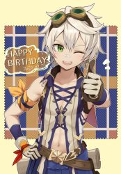 Rule 34 | 1boy, abs, bandaid, bandaid on face, bandaid on nose, bennett (genshin impact), birthday, blue shorts, brown gloves, commentary request, dated, fang, genshin impact, gloves, goggles, goggles on head, green eyes, hand on own hip, happy birthday, highres, iroiro 0w0, male focus, navel, one eye closed, open mouth, shorts, smile, thumbs up, toned, toned male, white hair