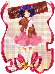 Rule 34 | 00s, 1girl, blue hair, clannad, hugging doll, dress, closed eyes, hair bobbles, hair ornament, highres, ichinose kotomi, long hair, nfr, hugging object, ribbon, solo, stuffed animal, stuffed toy, teddy bear, twintails, two side up, aged down