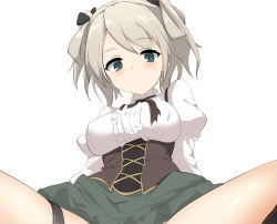 Rule 34 | black bow, blush, bow, breasts, ciel alencon, closed mouth, commentary request, copyright request, covered erect nipples, frilled skirt, frills, from below, god eater, god eater 2: rage burst, green eyes, green skirt, grey hair, hair bow, highres, juliet sleeves, long sleeves, looking at viewer, looking down, medium breasts, momio, out-of-frame censoring, puffy sleeves, shirt, simple background, sitting, skirt, solo, spread legs, twintails, white background, white shirt