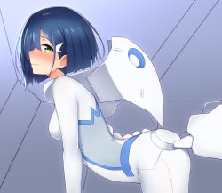 Rule 34 | 10s, 1girl, all fours, blue hair, blush, bodysuit, breasts, closed mouth, commentary request, darling in the franxx, etan14, from side, green eyes, hair between eyes, hair ornament, highres, ichigo (darling in the franxx), looking at viewer, looking to the side, medium breasts, pilot suit, profile, short hair, solo, white bodysuit