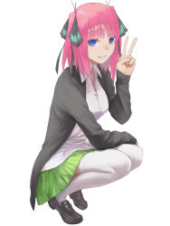 Rule 34 | 1girl, black cardigan, black footwear, black ribbon, blue eyes, blunt bangs, breasts, butterfly hair ornament, cardigan, eyebrows hidden by hair, from side, go-toubun no hanayome, green skirt, grin, hair ornament, highres, keisanmisu, large breasts, loafers, looking at viewer, nakano nino, open cardigan, open clothes, pink hair, ribbon, school uniform, shirt, shoes, simple background, skirt, sleeves past wrists, smile, solo, squatting, thick thighs, thighhighs, thighs, twintails, v, white background, white shirt, white thighhighs, zettai ryouiki