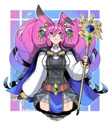 Rule 34 | 1girl, absurdly long hair, ailheim, animal ears, bell, black cape, black gloves, blue cape, blue hair, breasts, cape, cleo (dragalia lost), dragalia lost, fingerless gloves, gloves, grin, hair bell, hair ornament, highres, holding, holding staff, long hair, looking at viewer, medium breasts, multicolored hair, official alternate costume, pelvic curtain, pink eyes, pink hair, pleated skirt, rabbit ears, skirt, smile, solo, staff, teeth, upper body, very long hair, watermark