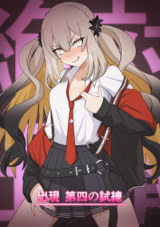 Rule 34 | 1girl, black jacket, blush, breasts, cleavage, clothes pull, drill bulbul, fate/grand order, fate (series), fingernails, flower, grey hair, hair flower, hair ornament, heavy breathing, highres, jacket, licking lips, long hair, marie antoinette (alter) (fate), marie antoinette (fate), medium breasts, necktie, pleated skirt, red necktie, shirt, shirt pull, skirt, suspender skirt, suspenders, tongue, tongue out, twintails, white shirt, yellow eyes