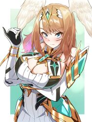 Rule 34 | absurdres, blue eyes, chest jewel, cleavage cutout, clothing cutout, cosplay, dress, eunie (xenoblade), fiery hair, head wings, headpiece, highres, microdress, mythra (xenoblade), mythra (xenoblade) (cosplay), tiara, timosan, white wings, wings, xenoblade chronicles (series), xenoblade chronicles 2, xenoblade chronicles 3