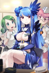 Rule 34 | 3girls, aqua eyes, blue hair, breasts, brush, chair, cleavage, elbow gloves, flower, glasses, gloves, green hair, hair ornament, hairband, hat, large breasts, long hair, lowres, luthica preventer, microphone, multiple girls, pantyhose, pink eyes, pink hair, red eyes, rose, rotori (sword girls), sarisen (sword girls), sigma (sword girls), sitting, skirt, sword girls, thighhighs, twintails