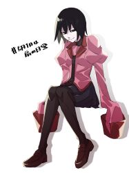 Rule 34 | 1girl, arms at sides, black eyes, black hair, black necktie, black pantyhose, black skirt, bob cut, breasts, brown footwear, closed mouth, commentary, dated, drop shadow, empty eyes, full body, hair between eyes, hashtag, hashtag-only commentary, hatahata (okkrslk), highres, juliet sleeves, knees together feet apart, loafers, long sleeves, looking at viewer, monogatari (series), naoetsu high school uniform, narrowed eyes, necktie, oshino ougi, pale skin, pantyhose, pink shirt, pleated skirt, puffy sleeves, school uniform, shirt, shoes, short hair, simple background, sitting, skirt, sleeves past fingers, sleeves past wrists, small breasts, smile, solo, translated, very long sleeves, white background